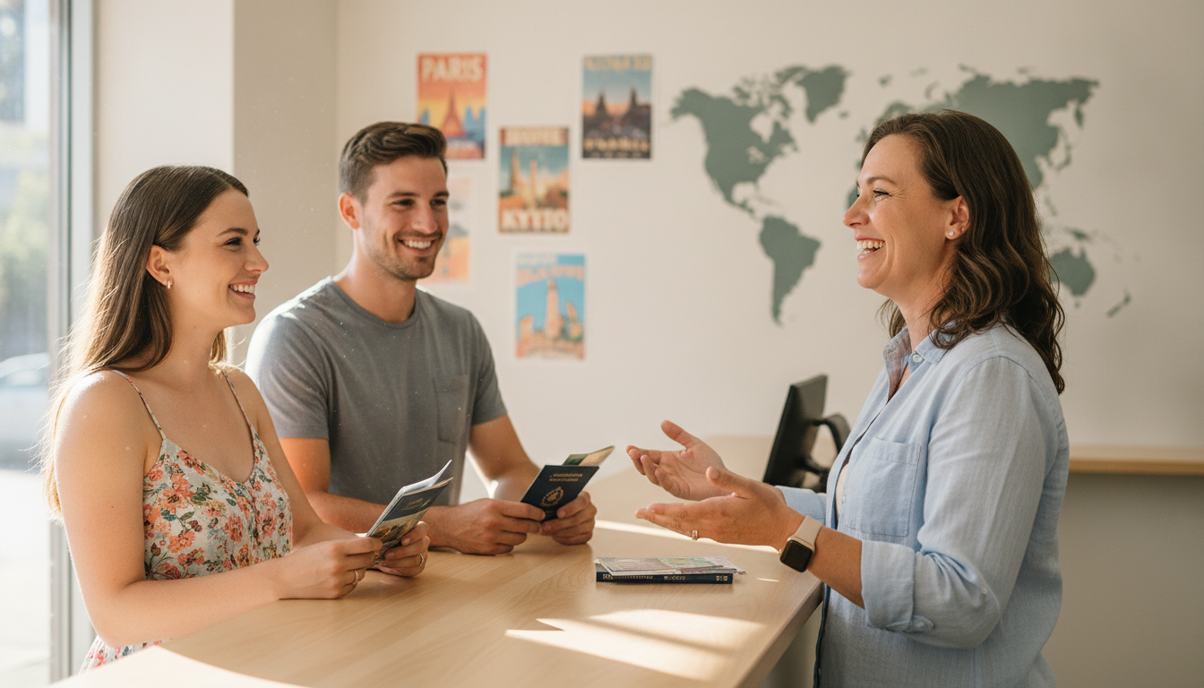 A friendly pharmacist advising a happy couple about their upcoming trip