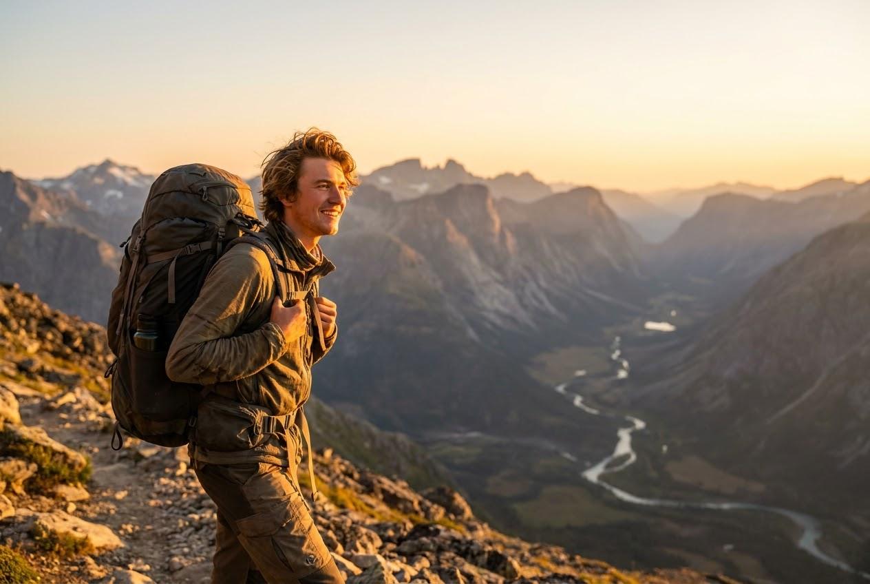 A young backpacker looking out over a mountain valley at golden hour